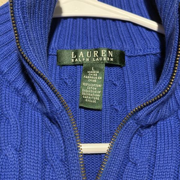 Lauren Ralph Lauren Cable Knit Full Zip Sweater Womens L Blue Cotton Pockets - Picture 4 of 8